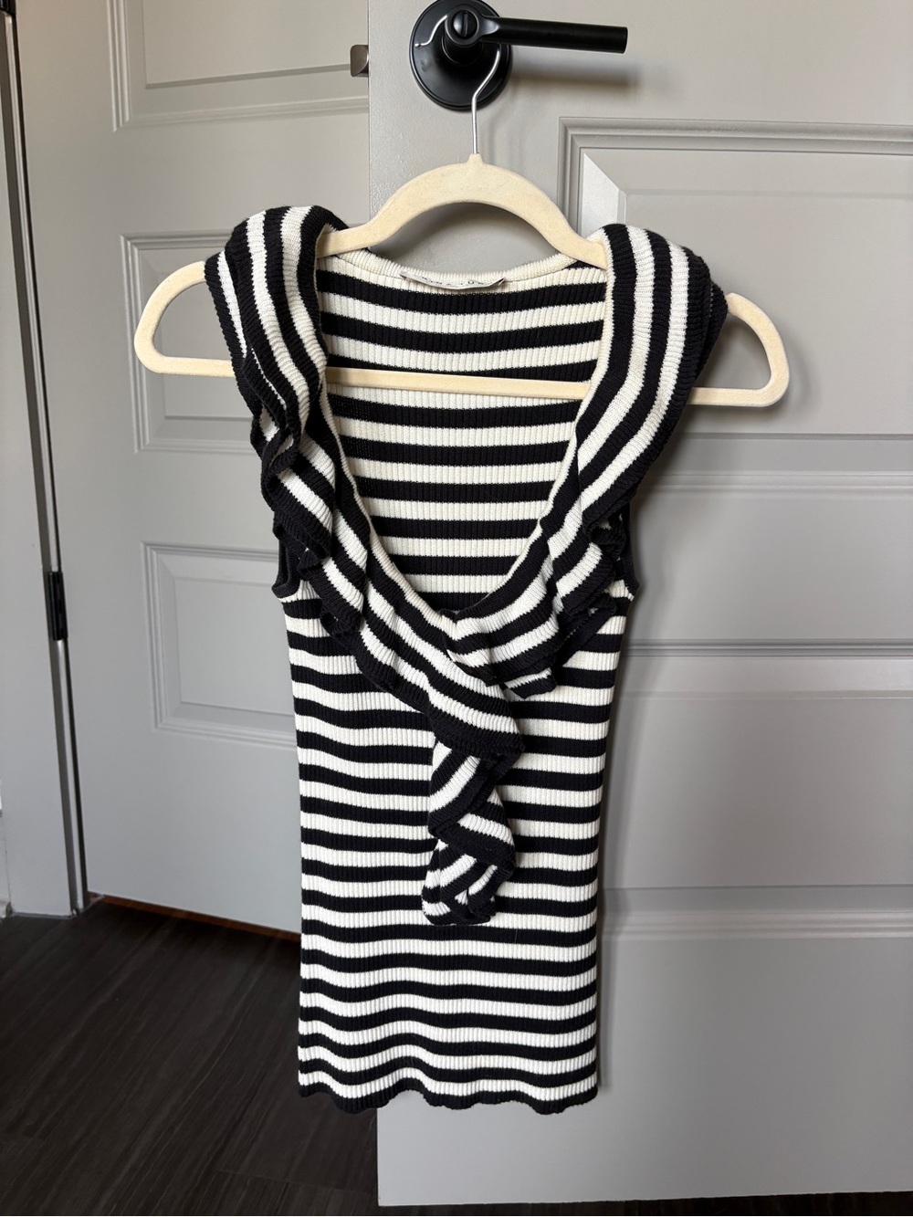 Trina Turk Navy and White Striped Ruffle Tank